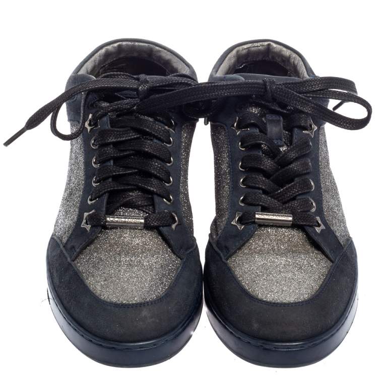 Pre Owned Jimmy Choo Blue Glitter And Suede Miami Low Top Sneakers Size 38