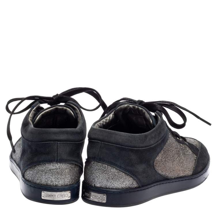 Pre Owned Jimmy Choo Blue Glitter And Suede Miami Low Top Sneakers Size 38