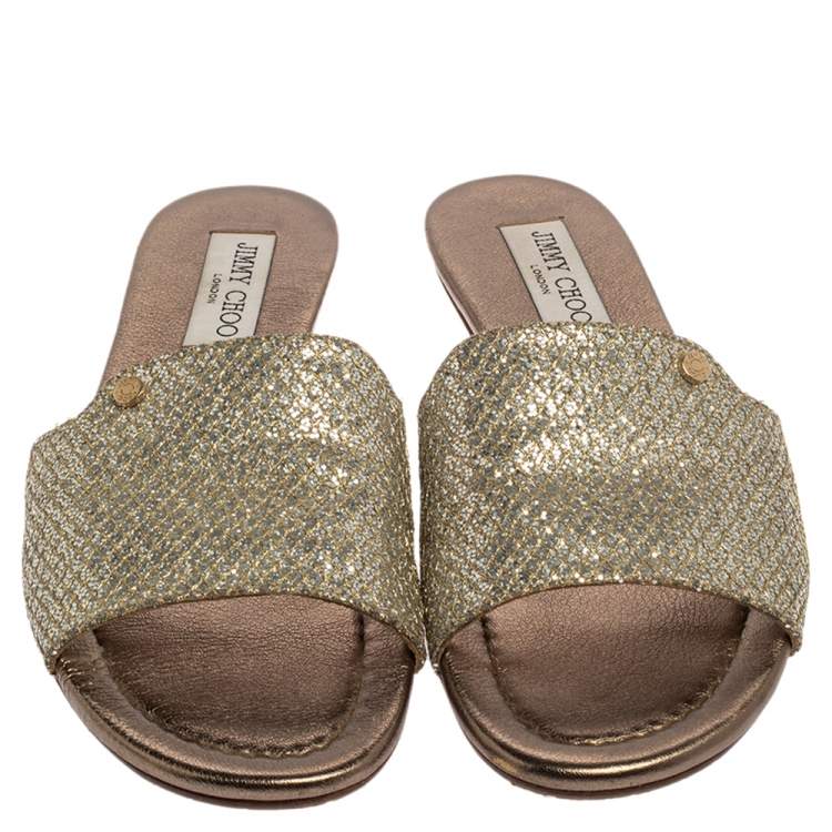 مملوكة مسبقًا Jimmy Choo Metallic Silver/Gold Glitter And Lamé Nanda Flat Slides Size 38.5