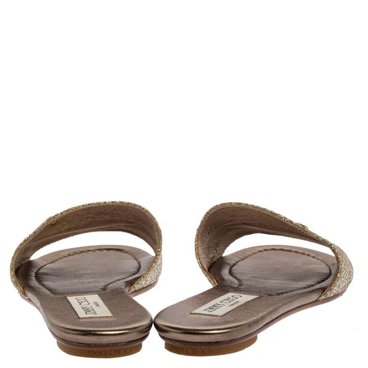 مملوكة مسبقًا Jimmy Choo Metallic Silver/Gold Glitter And Lamé Nanda Flat Slides Size 38.5