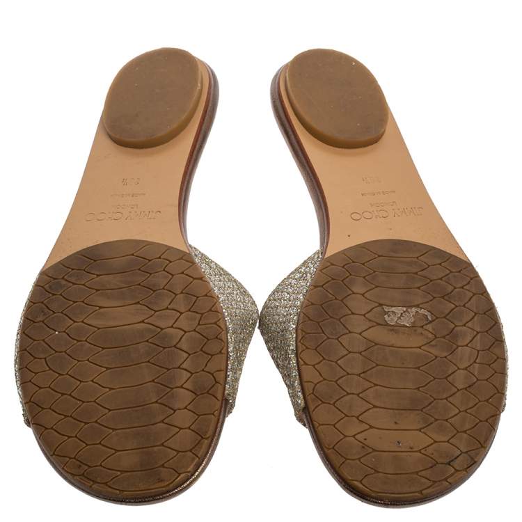 مملوكة مسبقًا Jimmy Choo Metallic Silver/Gold Glitter And Lamé Nanda Flat Slides Size 38.5
