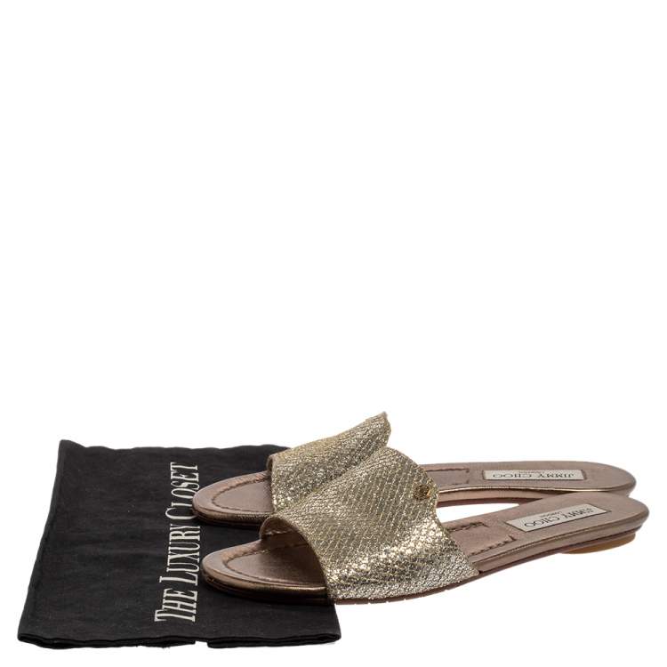 مملوكة مسبقًا Jimmy Choo Metallic Silver/Gold Glitter And Lamé Nanda Flat Slides Size 38.5
