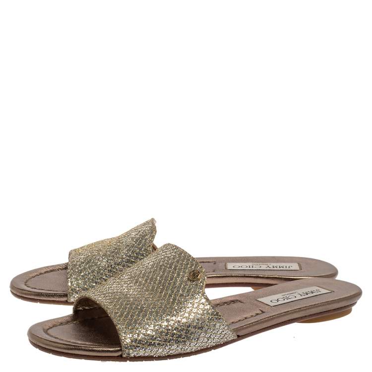 مملوكة مسبقًا Jimmy Choo Metallic Silver/Gold Glitter And Lamé Nanda Flat Slides Size 38.5