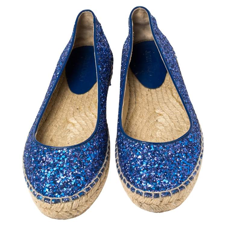 Pre Owned Jimmy Choo Blue Glitter And Patent Leather Espadrilles Size 38.5