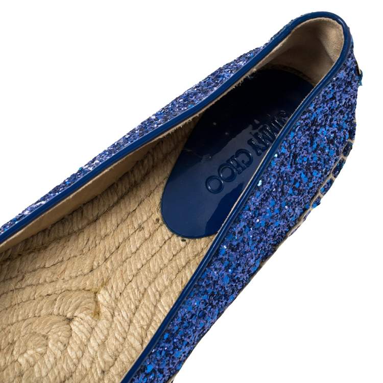 Pre Owned Jimmy Choo Blue Glitter And Patent Leather Espadrilles Size 38.5