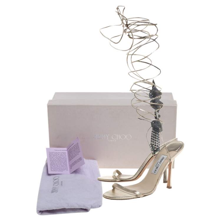 مملوكة مسبقًا Jimmy Choo Metallic Gold Leather Embellished Ankle Wrap Sandals Size 39