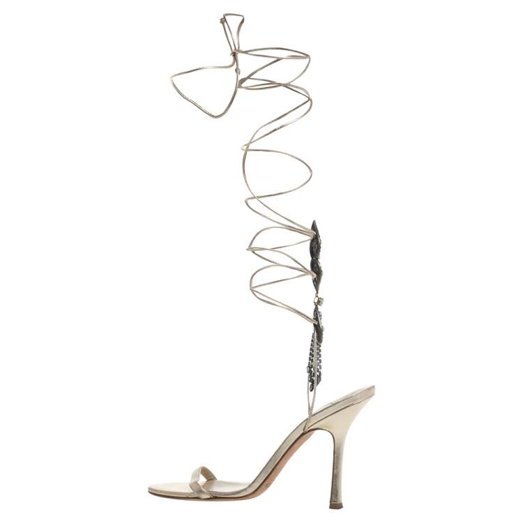 مملوكة مسبقًا Jimmy Choo Metallic Gold Leather Embellished Ankle Wrap Sandals Size 39