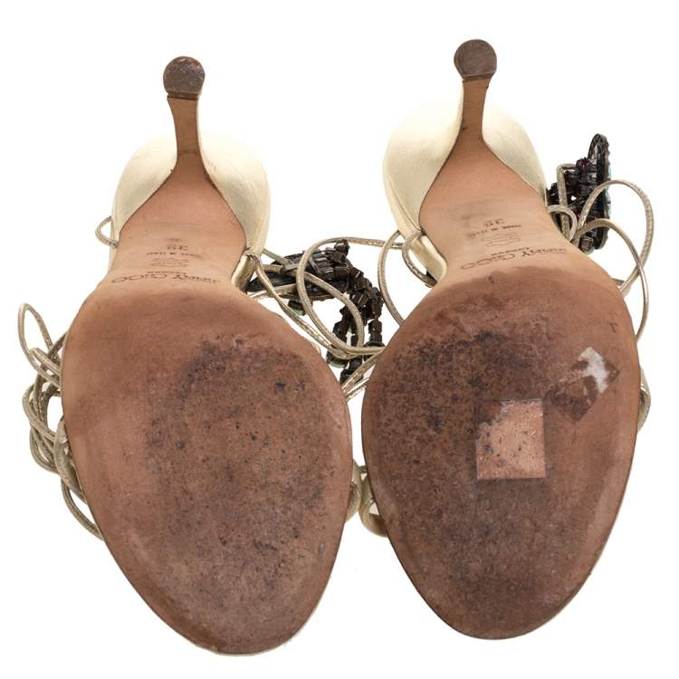 مملوكة مسبقًا Jimmy Choo Metallic Gold Leather Embellished Ankle Wrap Sandals Size 39