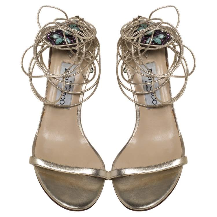 مملوكة مسبقًا Jimmy Choo Metallic Gold Leather Embellished Ankle Wrap Sandals Size 39