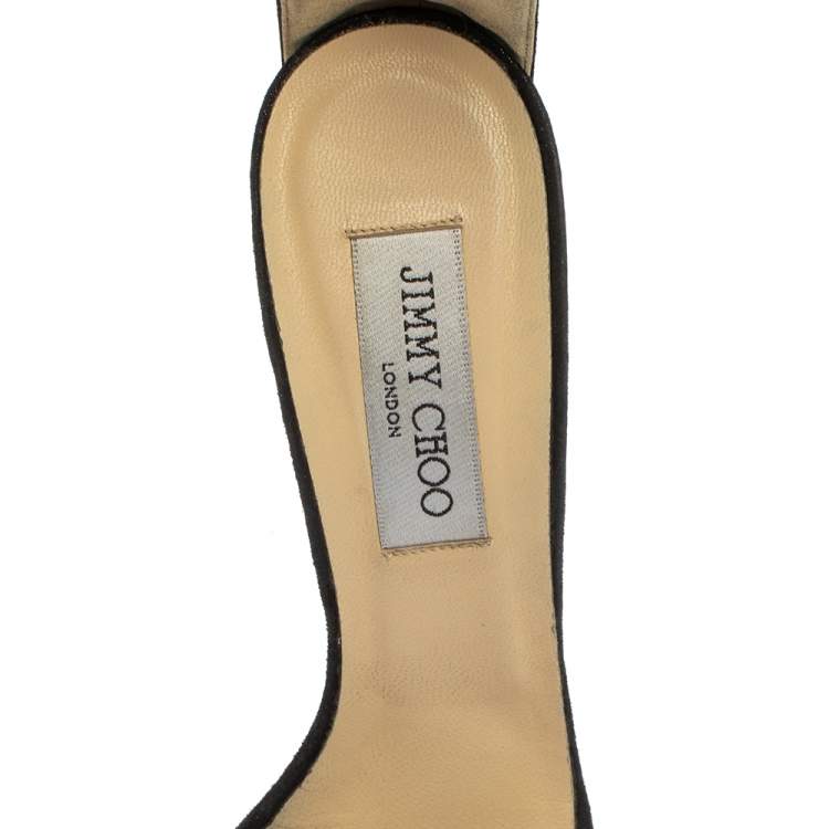 Pre Owned Jimmy Choo Black Glitter Nubuck Crystal Embellished Ankle Cuff Sandals Size 38.5