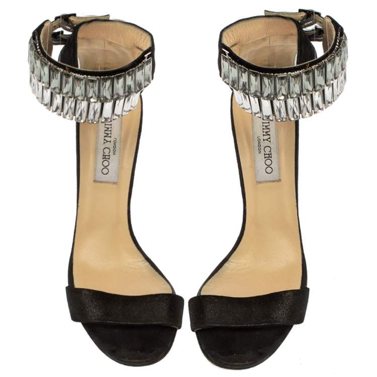 Pre Owned Jimmy Choo Black Glitter Nubuck Crystal Embellished Ankle Cuff Sandals Size 38.5