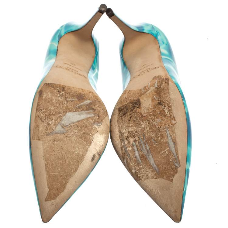 Pre Owned Jimmy Choo Blue/White Patent Leather Avril Pointed Toe Pumps Size 40
