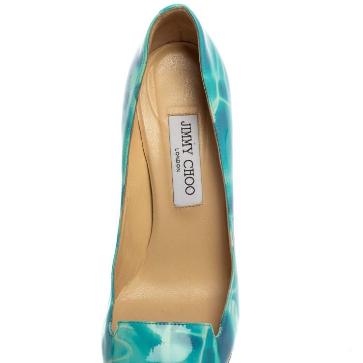 Pre Owned Jimmy Choo Blue/White Patent Leather Avril Pointed Toe Pumps Size 40