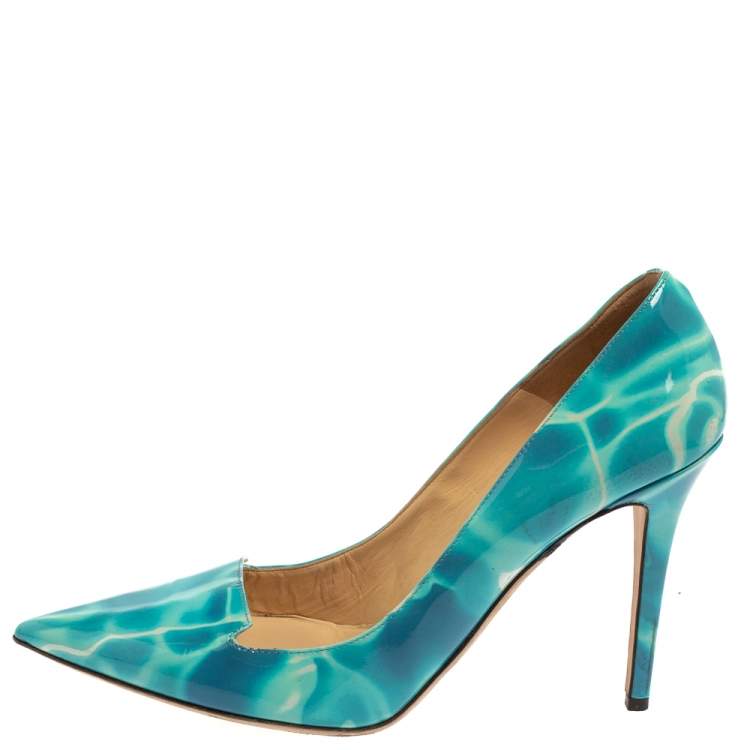 Pre Owned Jimmy Choo Blue/White Patent Leather Avril Pointed Toe Pumps Size 40
