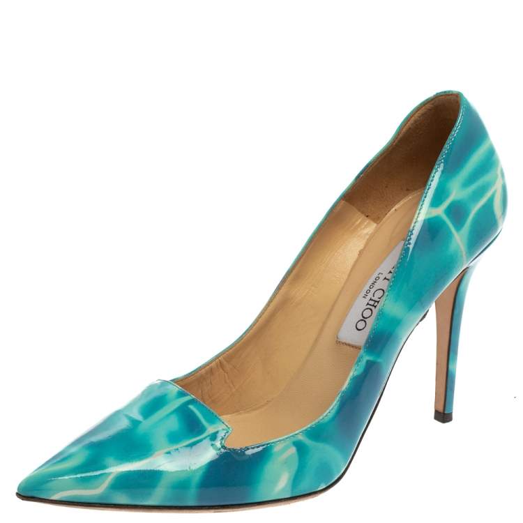Pre Owned Jimmy Choo Blue/White Patent Leather Avril Pointed Toe Pumps Size 40