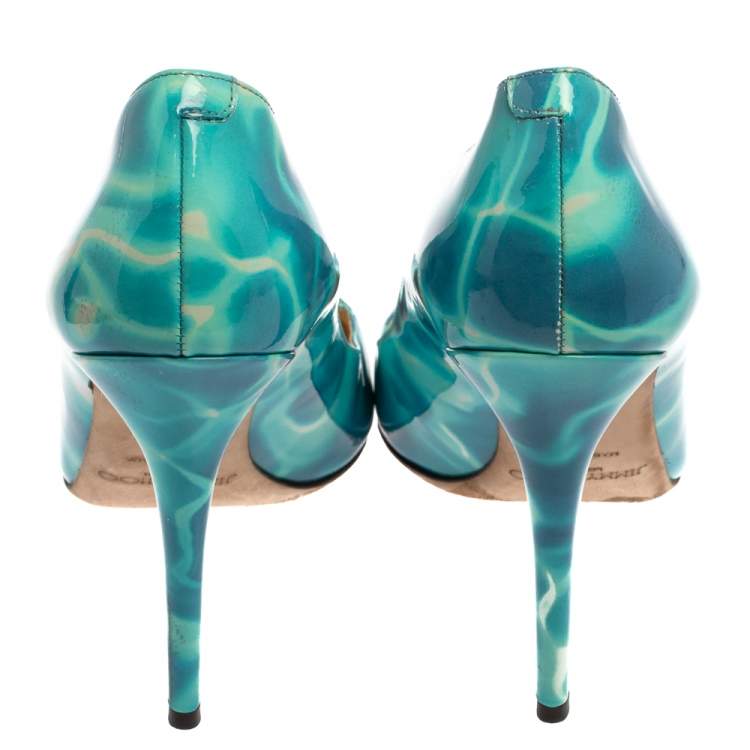 Pre Owned Jimmy Choo Blue/White Patent Leather Avril Pointed Toe Pumps Size 40