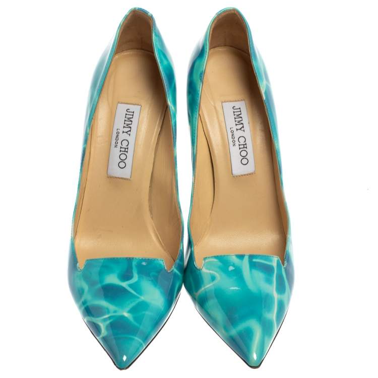 Pre Owned Jimmy Choo Blue/White Patent Leather Avril Pointed Toe Pumps Size 40