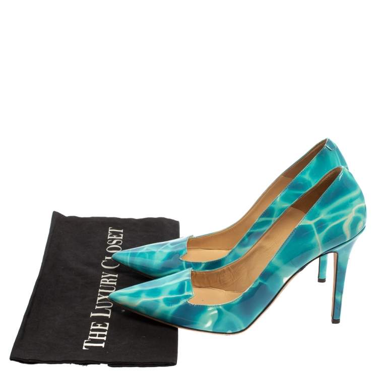 Pre Owned Jimmy Choo Blue/White Patent Leather Avril Pointed Toe Pumps Size 40
