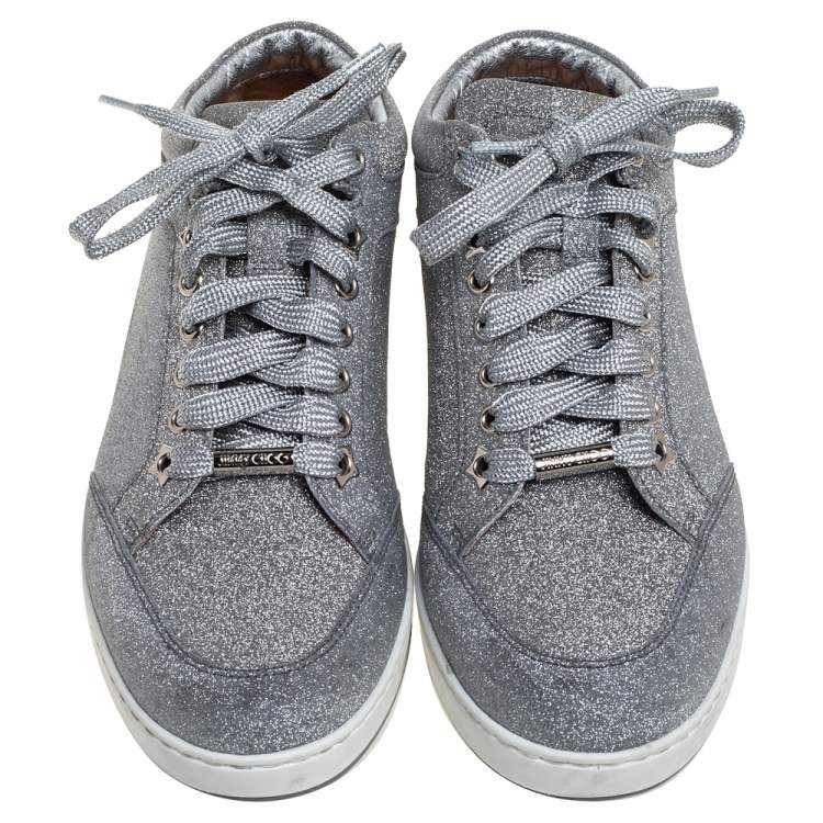مملوكة مسبقًا Jimmy Choo Metallic Sliver Glitter Miami Low Top Sneakers Size 37