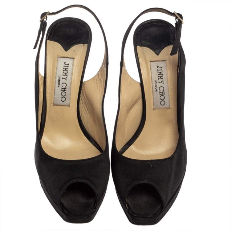 Pre Owned Jimmy Choo Black Satin Clue Peep Toe Platform Slingback Sandals Size 39
