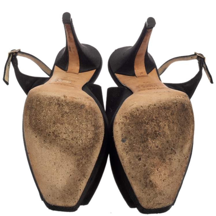 Pre Owned Jimmy Choo Black Satin Clue Peep Toe Platform Slingback Sandals Size 39