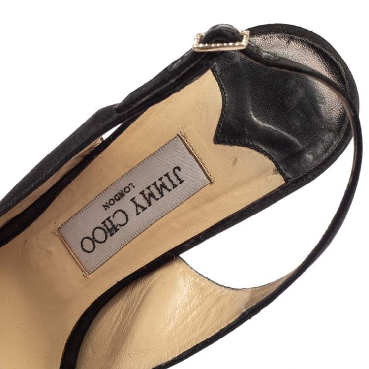 Pre Owned Jimmy Choo Black Satin Clue Peep Toe Platform Slingback Sandals Size 39