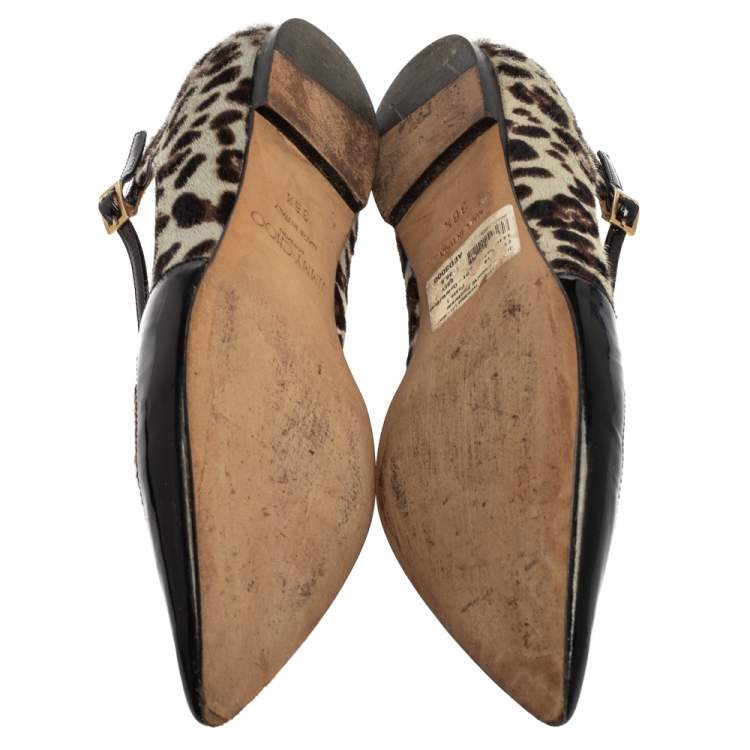 Pre Owned Jimmy Choo Black Patent Leather and Leopard Calf Hair Gamble Crisscross Ballet Flats Size 36.5