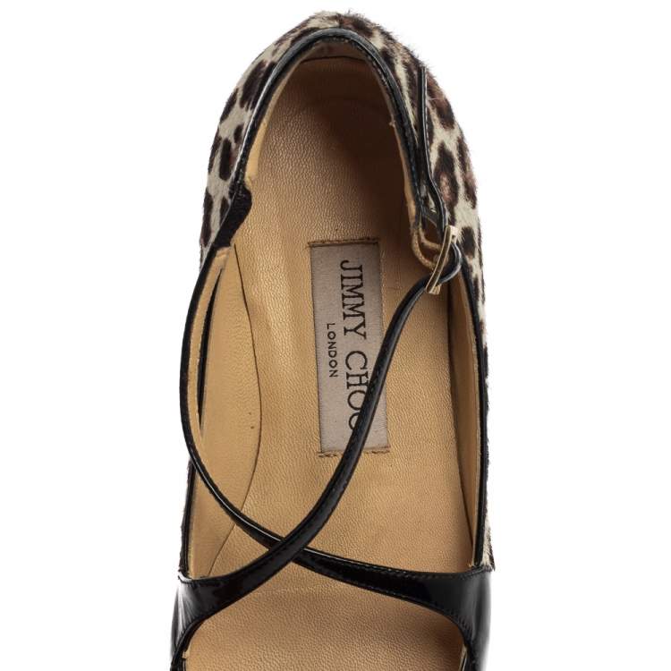 Pre Owned Jimmy Choo Black Patent Leather and Leopard Calf Hair Gamble Crisscross Ballet Flats Size 36.5