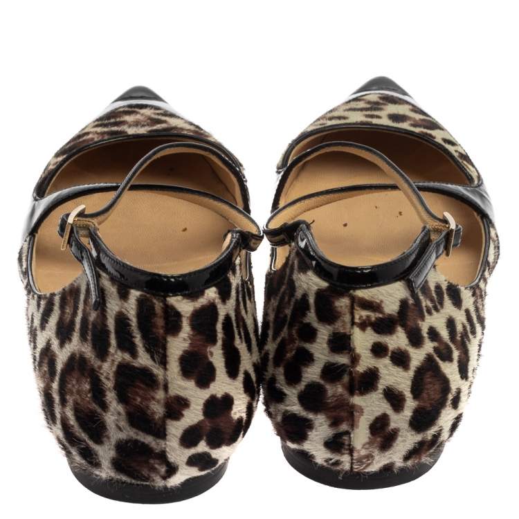 Pre Owned Jimmy Choo Black Patent Leather and Leopard Calf Hair Gamble Crisscross Ballet Flats Size 36.5