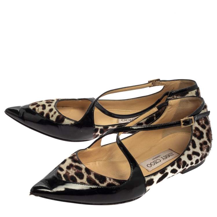 Pre Owned Jimmy Choo Black Patent Leather and Leopard Calf Hair Gamble Crisscross Ballet Flats Size 36.5