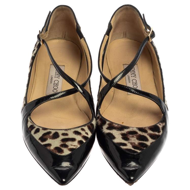 Pre Owned Jimmy Choo Black Patent Leather and Leopard Calf Hair Gamble Crisscross Ballet Flats Size 36.5