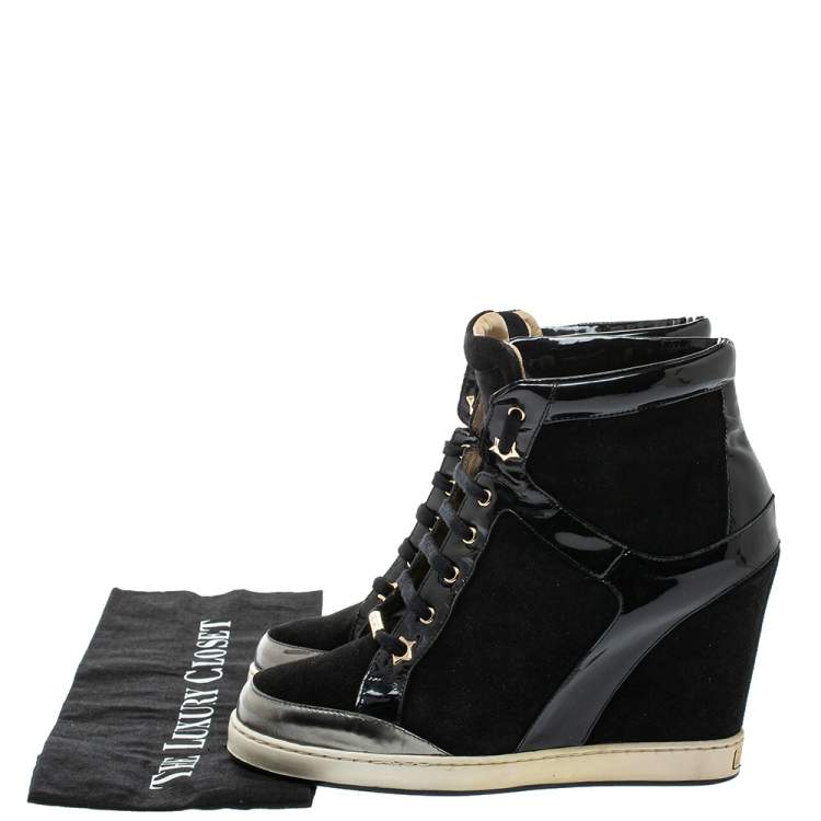 Pre Owned Jimmy Choo Black Patent Leather and Suede Panama Wedge Sneakers Size 39
