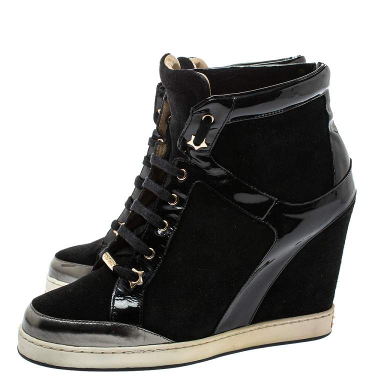 Pre Owned Jimmy Choo Black Patent Leather and Suede Panama Wedge Sneakers Size 39