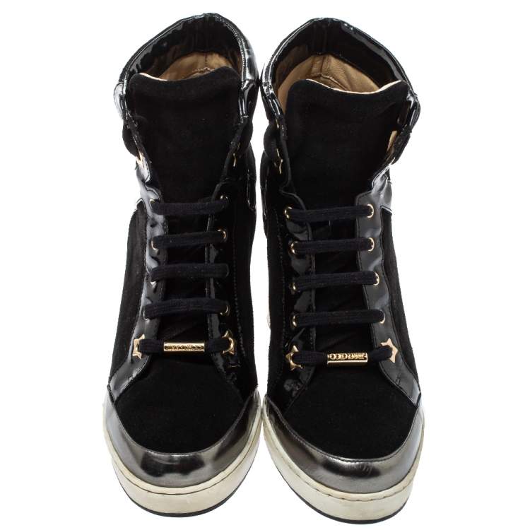 Pre Owned Jimmy Choo Black Patent Leather and Suede Panama Wedge Sneakers Size 39