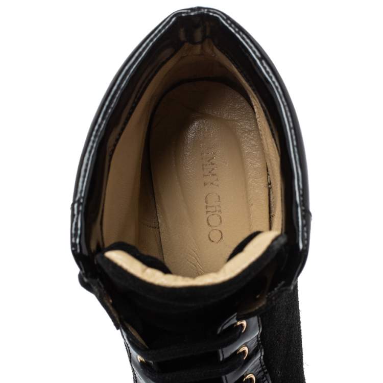 Pre Owned Jimmy Choo Black Patent Leather and Suede Panama Wedge Sneakers Size 39