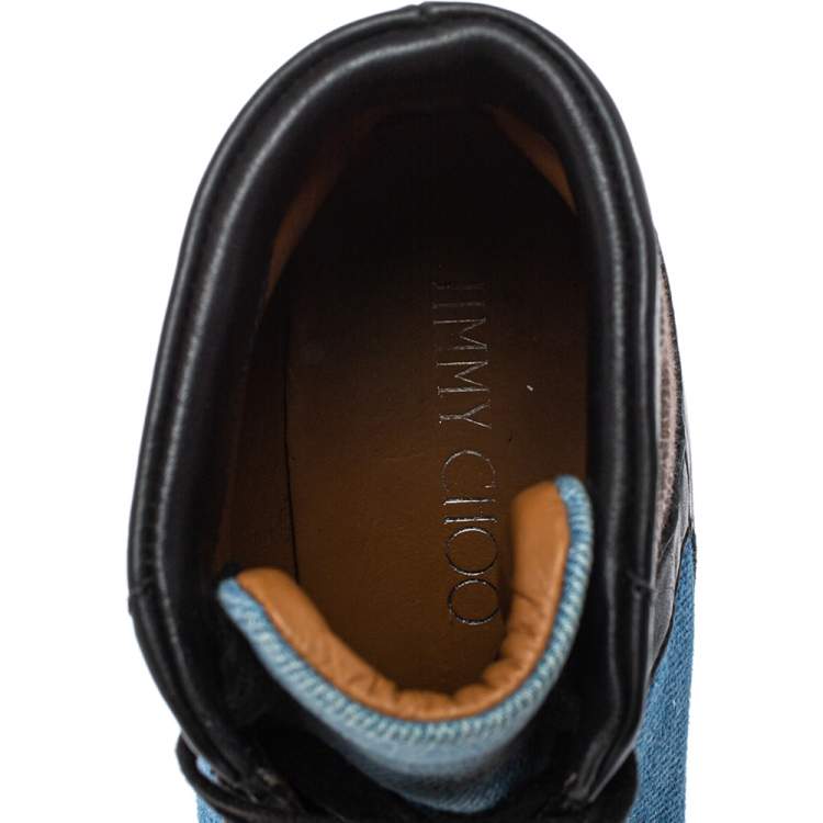 Pre Owned Jimmy Choo Blue/Black Denim And Leather  Wedge Panama  Sneakers Size 37.5