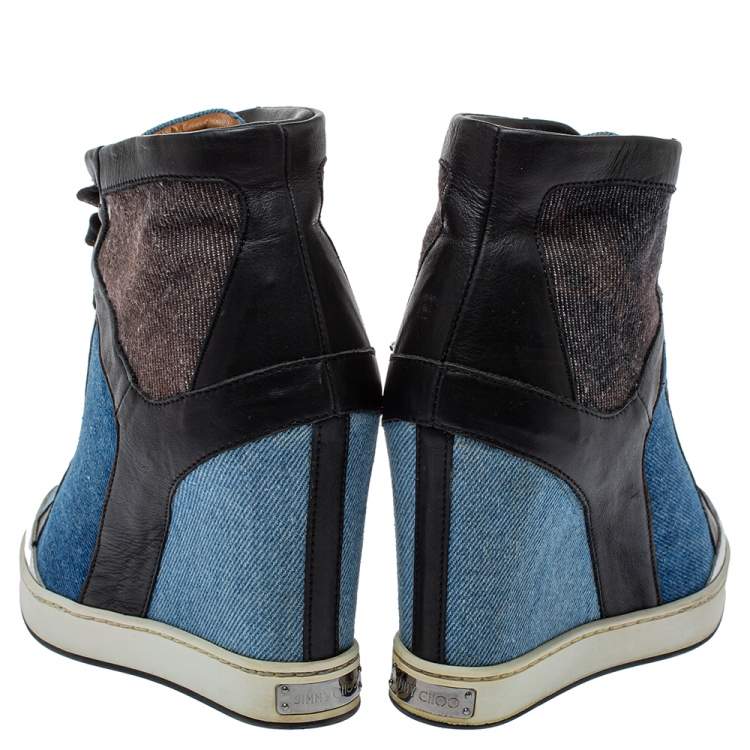 Pre Owned Jimmy Choo Blue/Black Denim And Leather  Wedge Panama  Sneakers Size 37.5