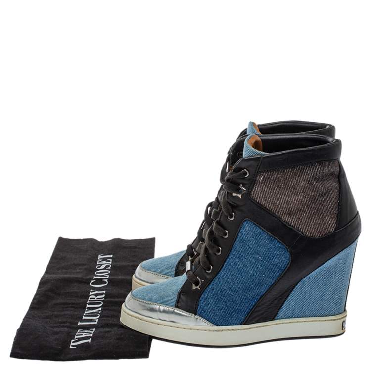 Pre Owned Jimmy Choo Blue/Black Denim And Leather  Wedge Panama  Sneakers Size 37.5