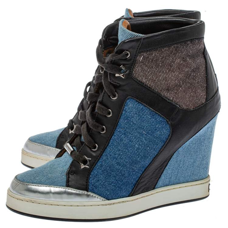 Pre Owned Jimmy Choo Blue/Black Denim And Leather  Wedge Panama  Sneakers Size 37.5