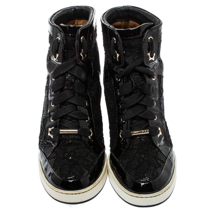Pre Owned Jimmy Choo Black Lace And Patent Leather Wedge Panama  Sneakers Size 37.5