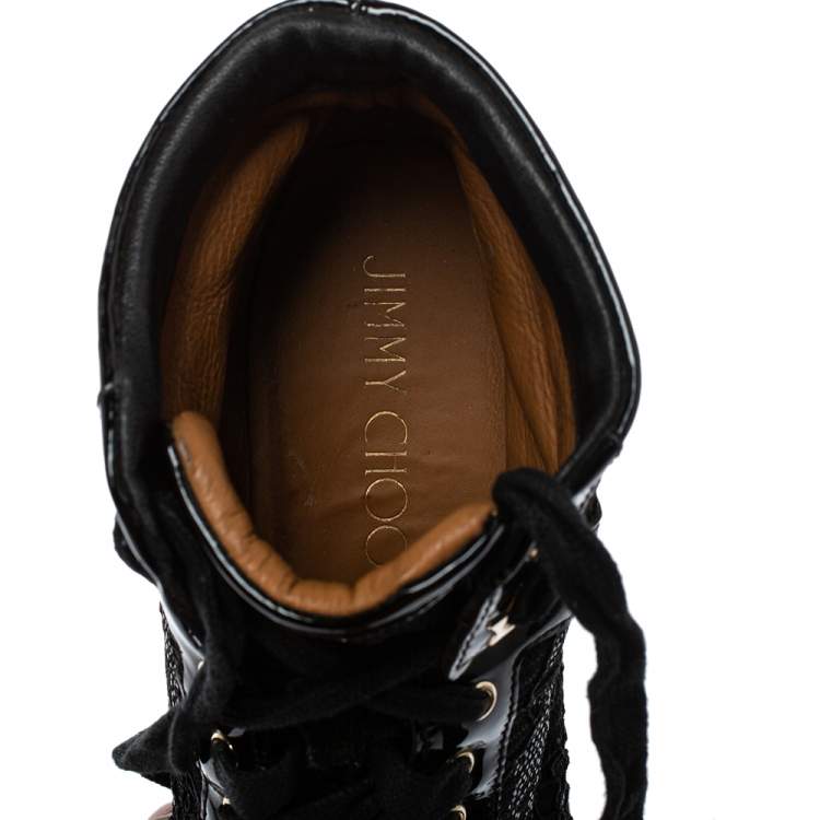 Pre Owned Jimmy Choo Black Lace And Patent Leather Wedge Panama  Sneakers Size 37.5