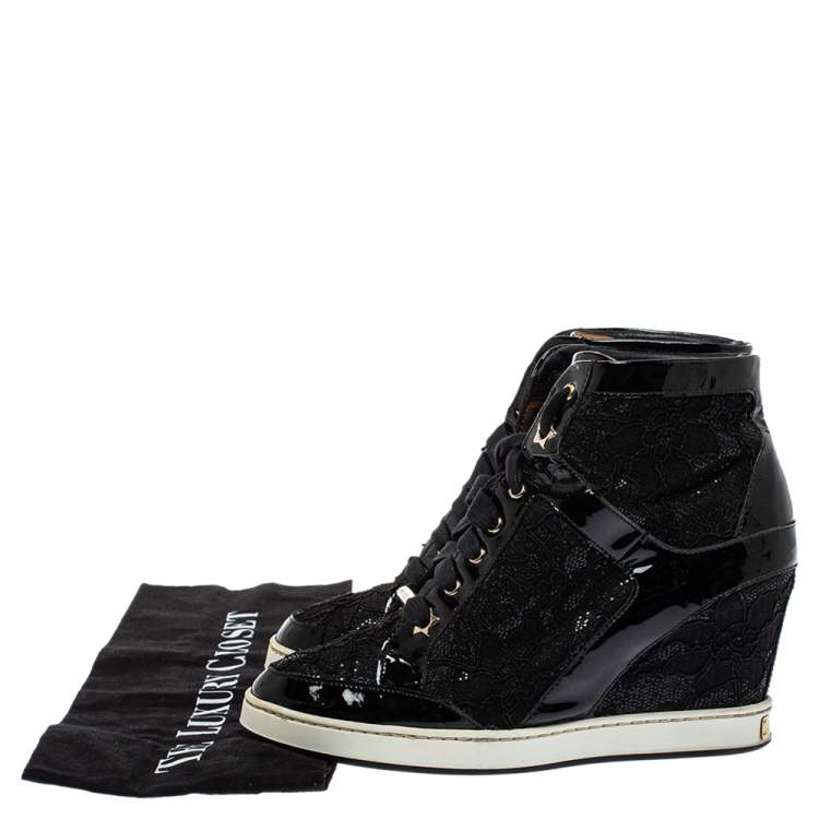 Pre Owned Jimmy Choo Black Lace And Patent Leather Wedge Panama  Sneakers Size 37.5