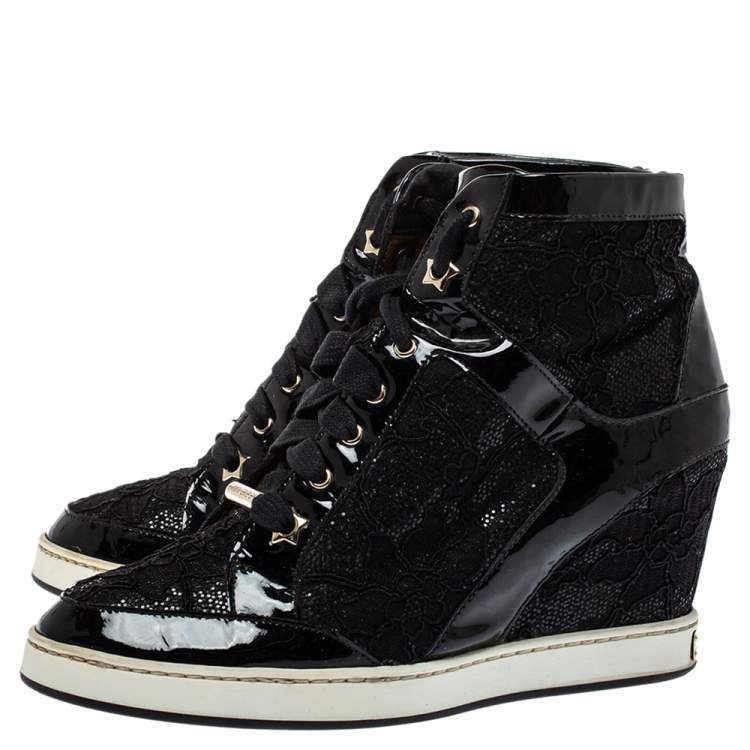 Pre Owned Jimmy Choo Black Lace And Patent Leather Wedge Panama  Sneakers Size 37.5