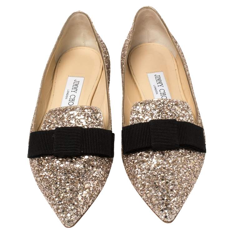 Pre Owned Jimmy Choo Gold Glitter Gala  Flats Size 37