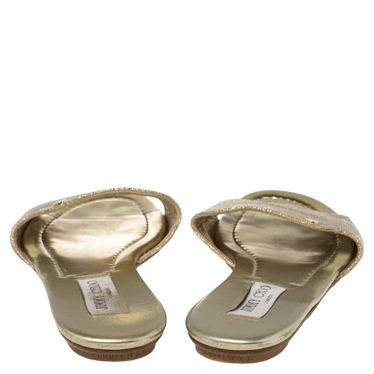 Pre Owned Jimmy Choo Gold Lamé And Glitter Nanda Flat Slides Size 39.5