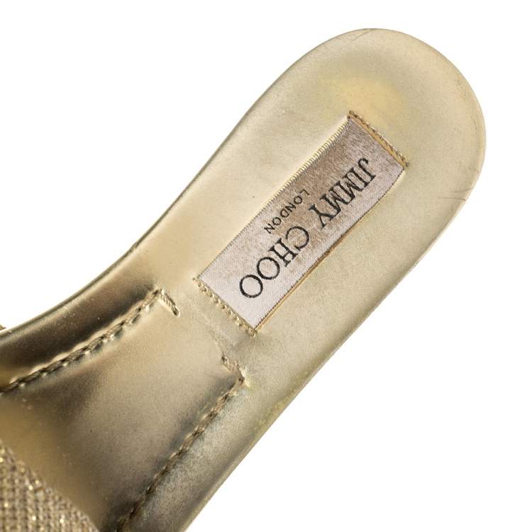 Pre Owned Jimmy Choo Gold Lamé And Glitter Nanda Flat Slides Size 39.5