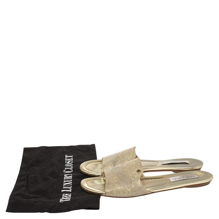 Pre Owned Jimmy Choo Gold Lamé And Glitter Nanda Flat Slides Size 39.5