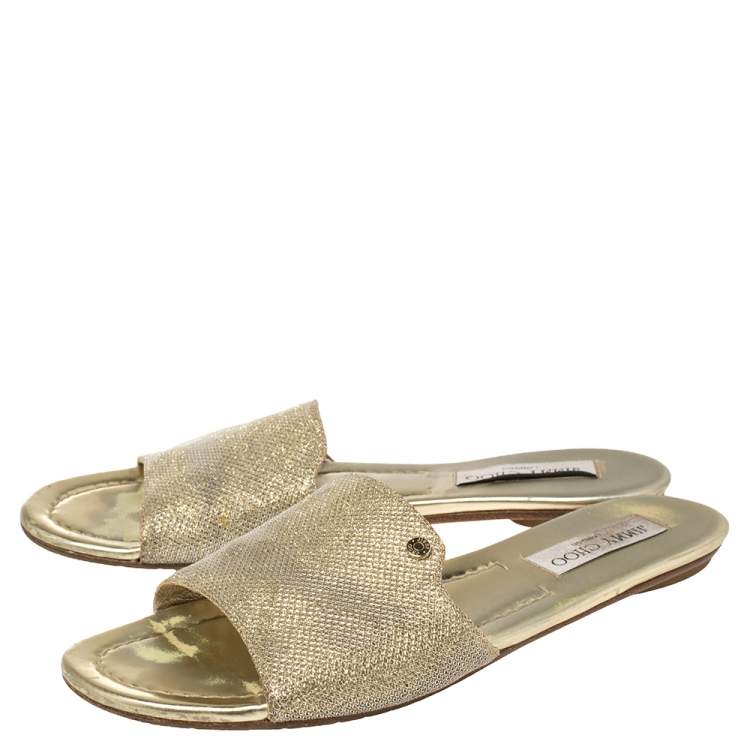 Pre Owned Jimmy Choo Gold Lamé And Glitter Nanda Flat Slides Size 39.5