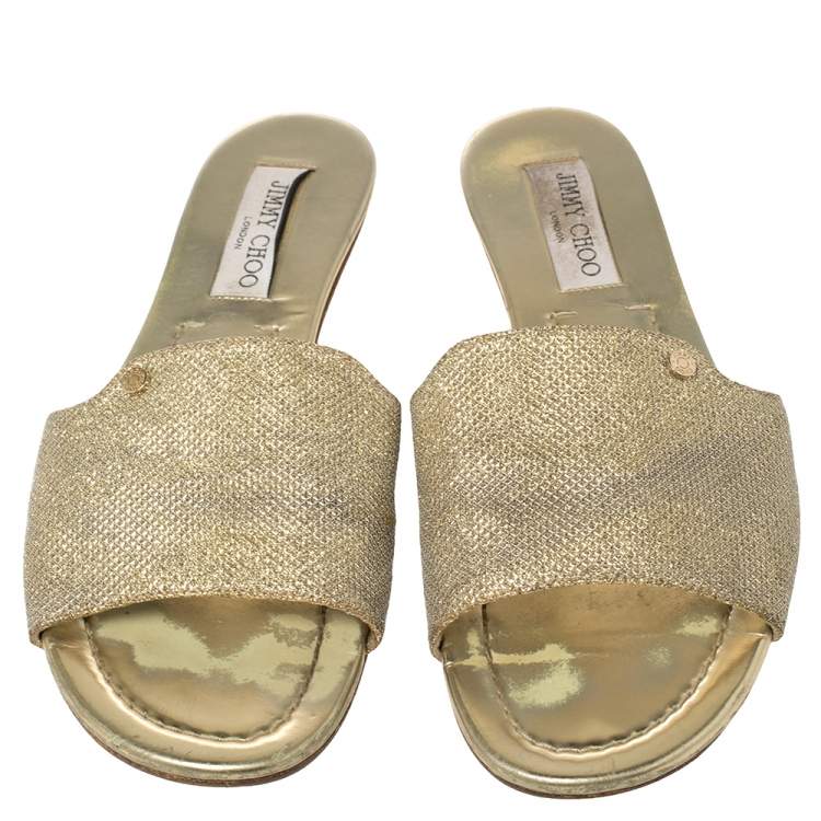 Pre Owned Jimmy Choo Gold Lamé And Glitter Nanda Flat Slides Size 39.5