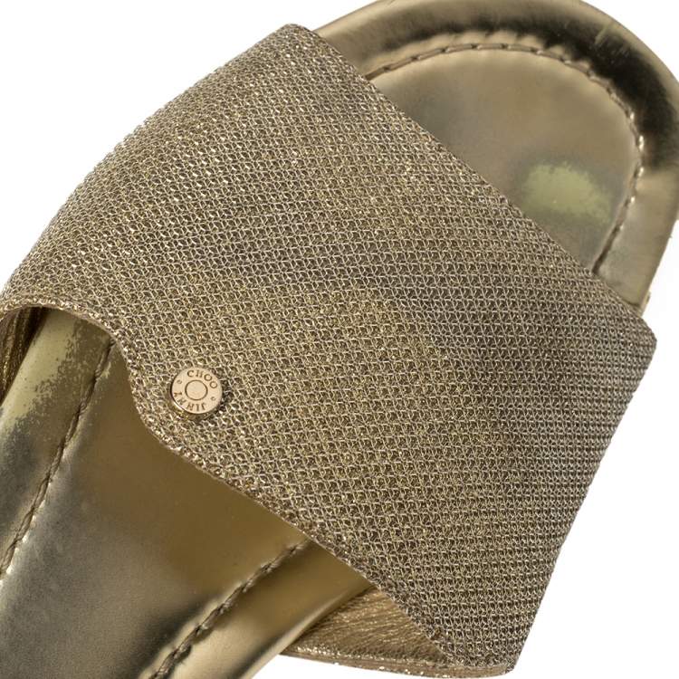 Pre Owned Jimmy Choo Gold Lamé And Glitter Nanda Flat Slides Size 39.5